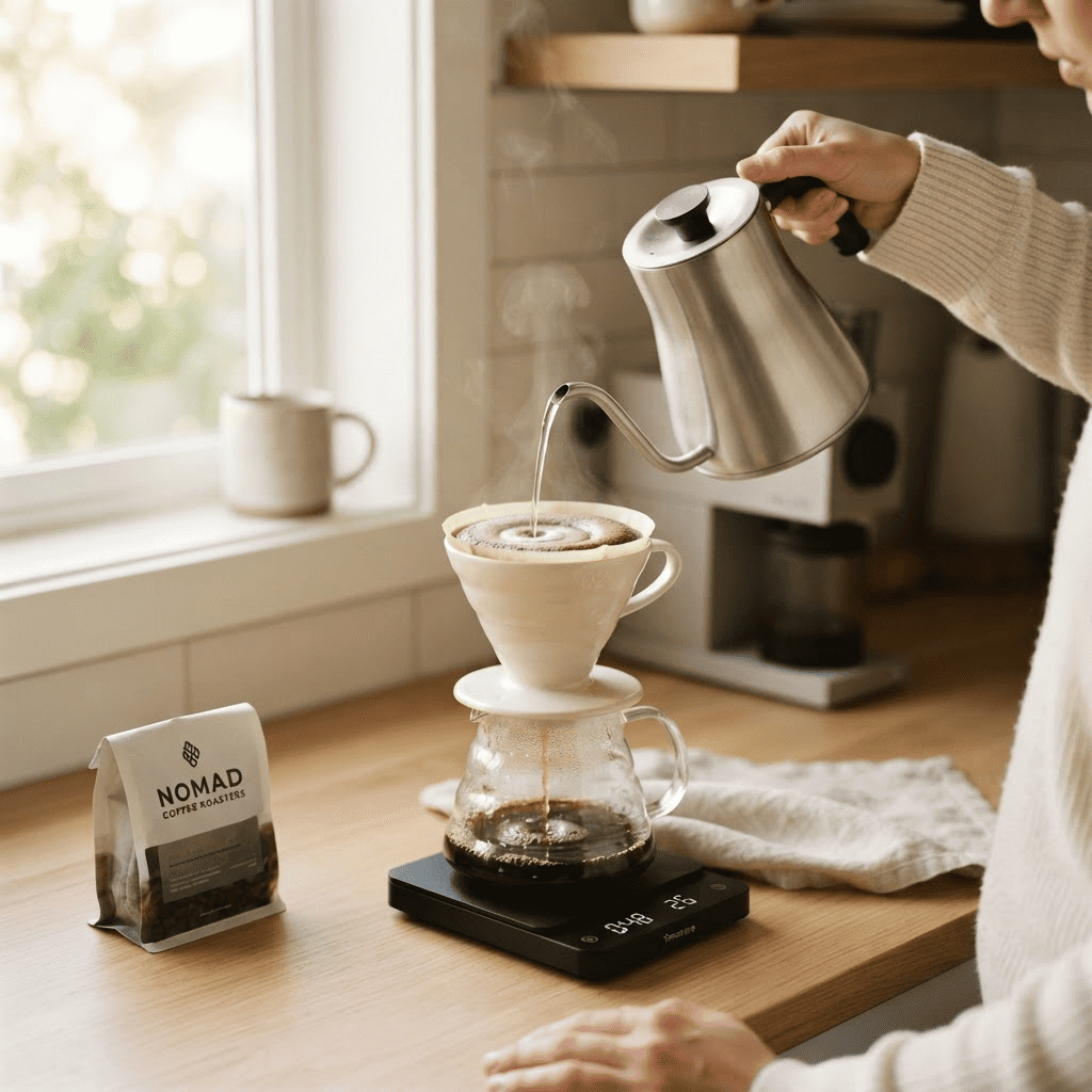 Pour over coffee being brewed with a gooseneck kettle over a glass carafe